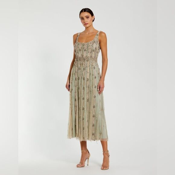 MAC DUGGAL 10078 Green Embellished Mesh Sleeveless Scoop Neck Midi Dress - Picture 3 of 14